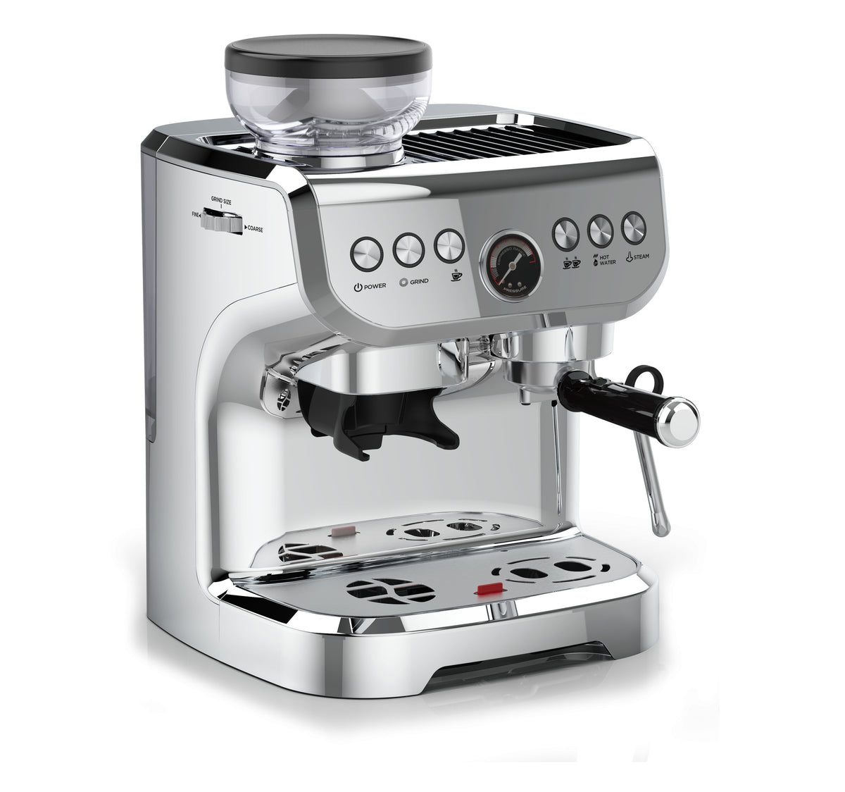 Silver espresso machine on a white background