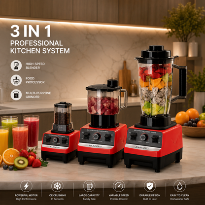 Red 3-in-1 high-speed blender and food processor with 3L jar, front view
