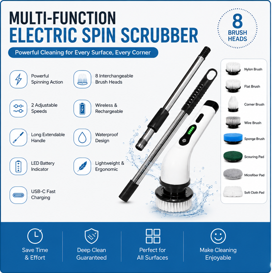 Cordless Spin Scrubber with 8 Brush Heads
