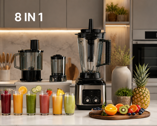 8-in-1 high-speed blender with 3L jar and stainless steel body, front view