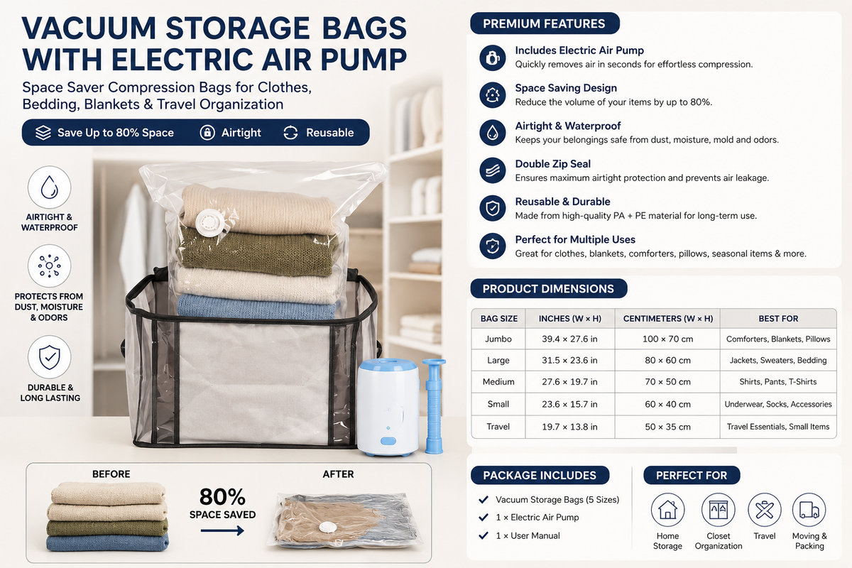 Vacuum storage bags with electric air pump product 