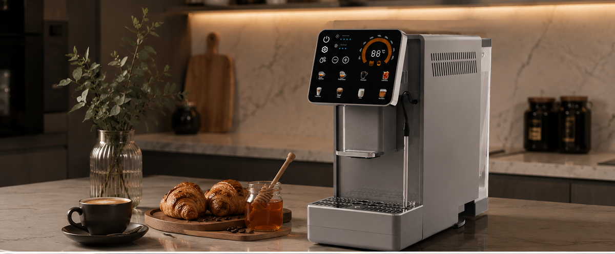 19-Bar Automatic Espresso Machine with Grinder shown with size dimensions
