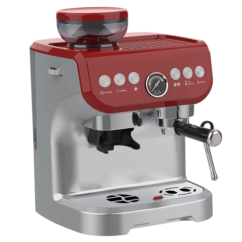 Red and silver 15-bar espresso machine on a white background

