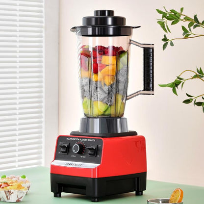 Push-button control panel of the red 3-in-1 blender with 5 speed settings
