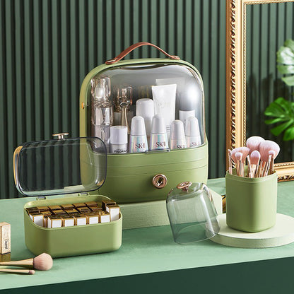 Makeup organizer compartments holding cosmetics and brushes
