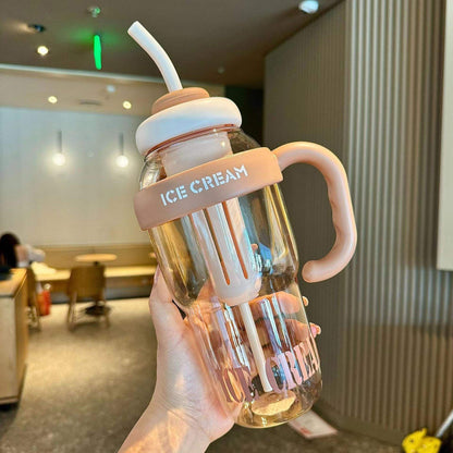 Pink 300ml reusable tumbler with handle, lid, and straw

