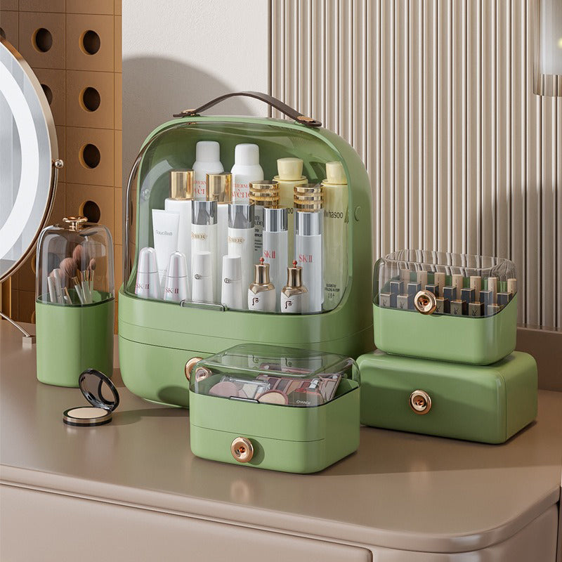 Clear-covered organizer with drawers and divided storage sections
