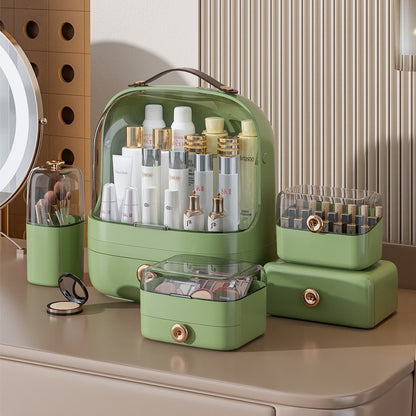 Clear-covered organizer with drawers and divided storage sections
