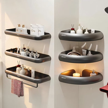 Black 8-piece no-drill bathroom accessories set mounted on a wall

