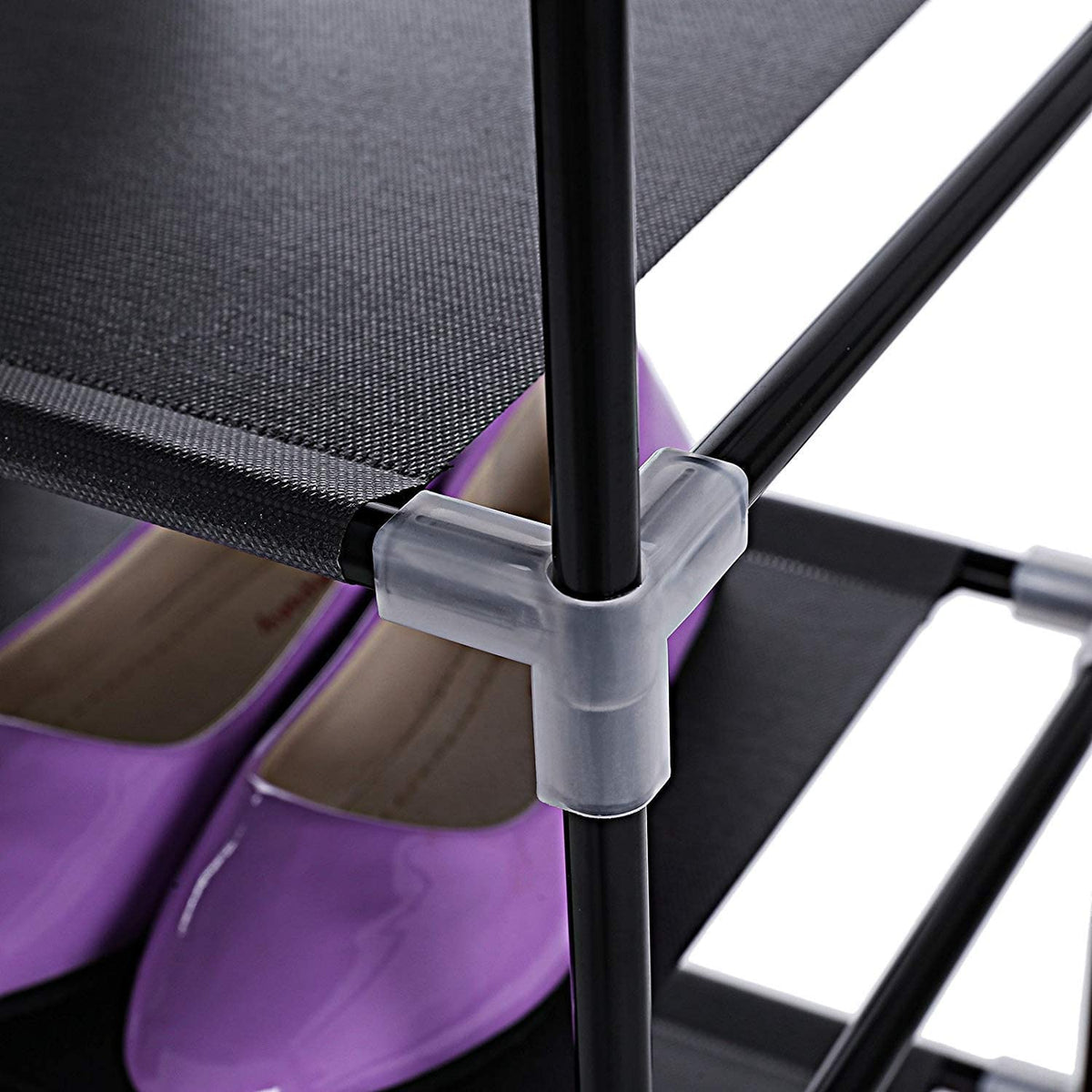 Tall shoe storage rack with ten open tiers
