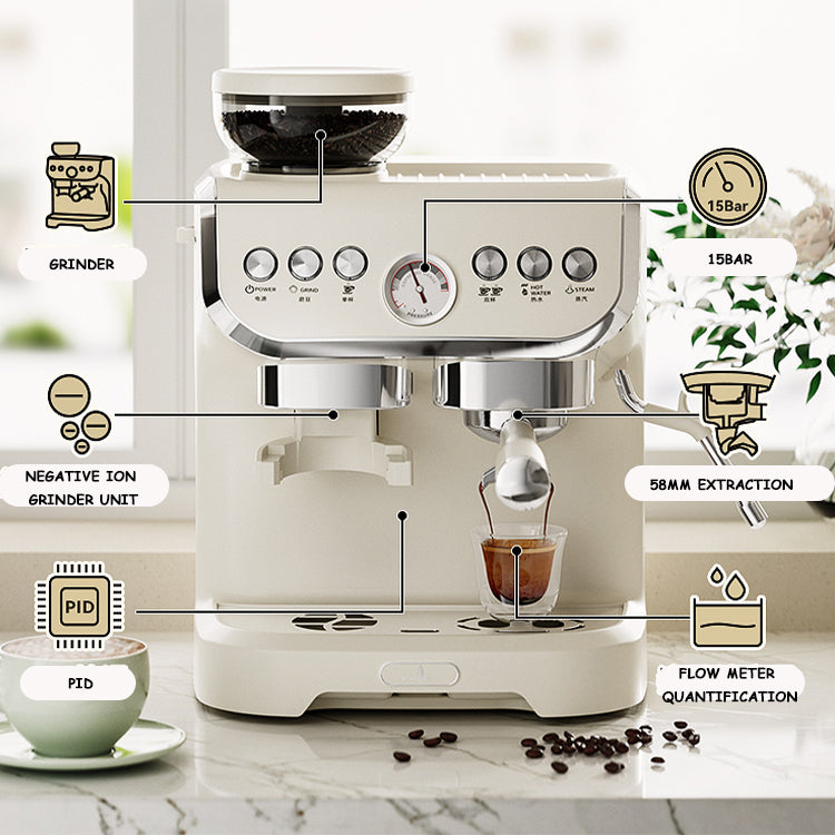 White espresso machine with labeled parts on a marble surface