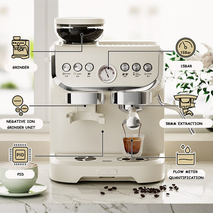 White espresso machine with labeled parts on a marble surface