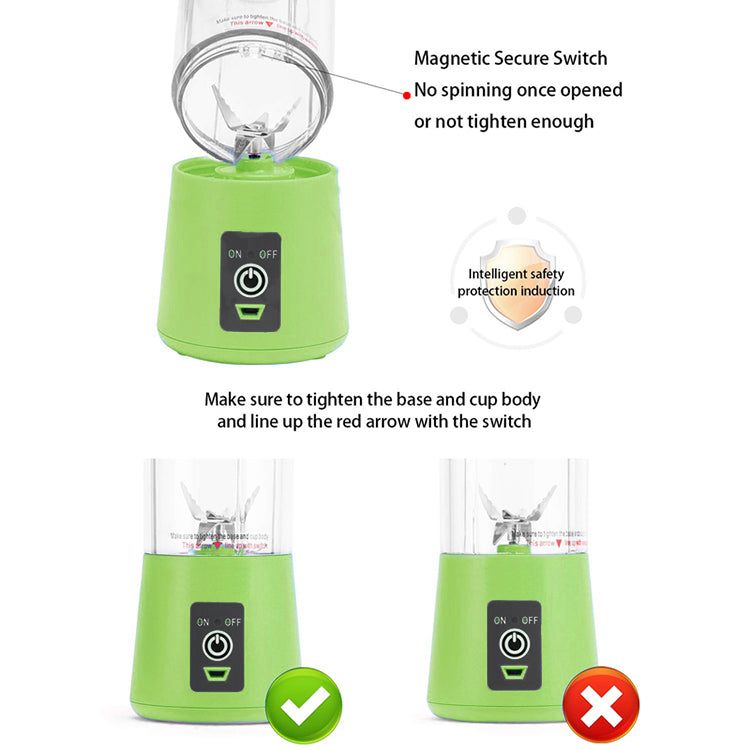 Green blender with text on safety features and usage instructions on a white background