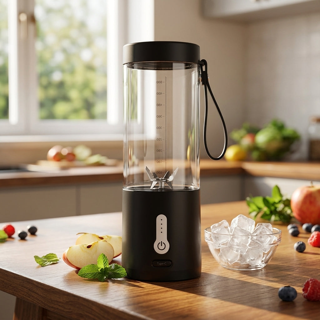 Black 500ml portable USB blender with 6 blades, front view
