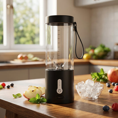 Black 500ml portable USB blender with 6 blades, front view
