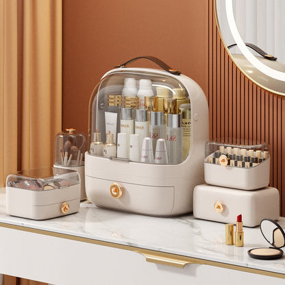 Makeup organizer set shown with its five storage pieces.
