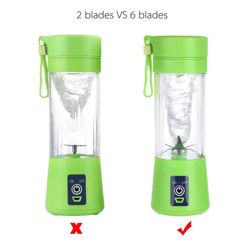 Two green portable blenders with 2 blades vs 6 blades comparison on a white background.
