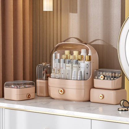 Makeup organizer set shown with its five storage pieces


