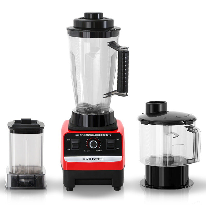 Red 3-in-1 blender with its jars and attachments
