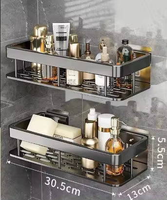 Aluminum storage shelf shown from the side

