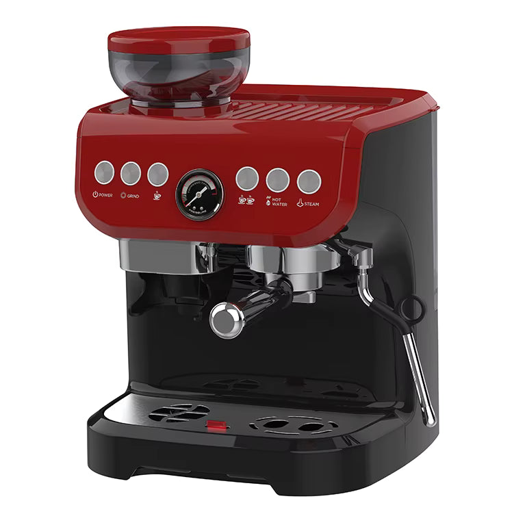 Red and black espresso machine on a white background