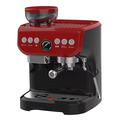 Red and black espresso machine on a white background