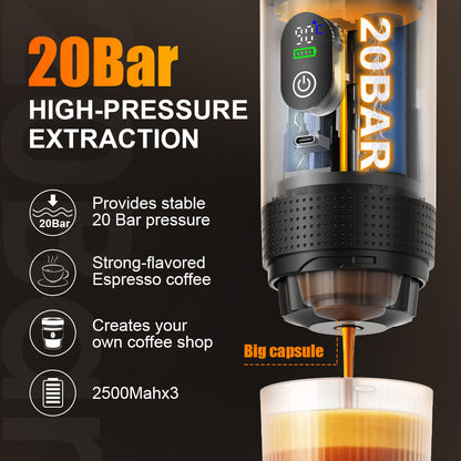 Coffee extraction device with 20Bar high-pressure extraction on a dark background