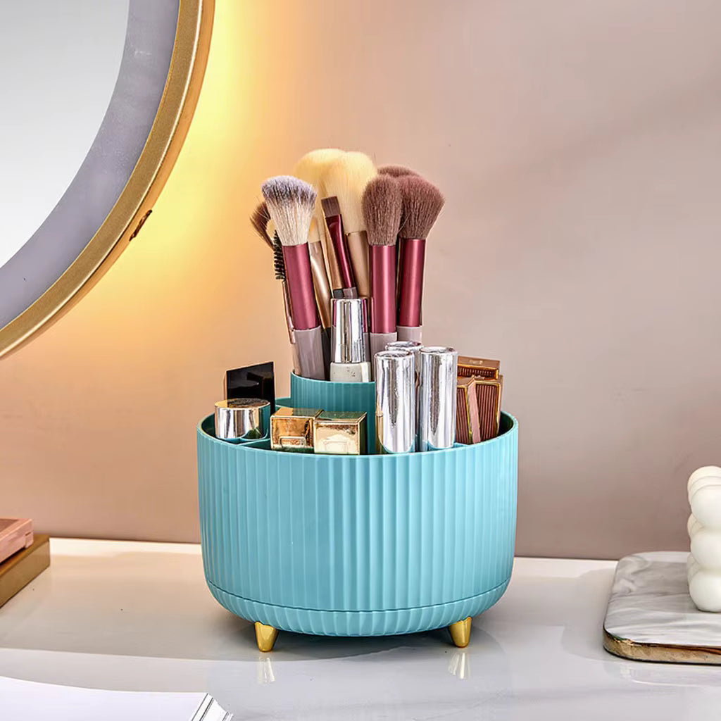 Covered makeup brush organizer on a vanity
