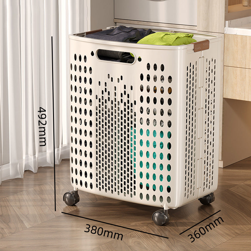 Laundry basket shown folded for compact storage

