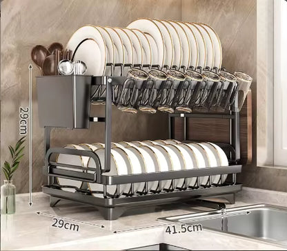 Dish drying rack with cutlery holder and cup storage
