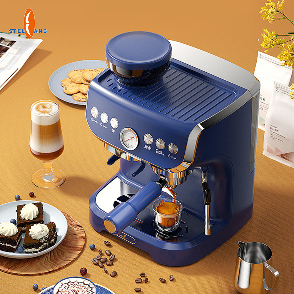 A blue and silver espresso machine on a warm brown tabletop, shown brewing espresso into a small glass cup. 