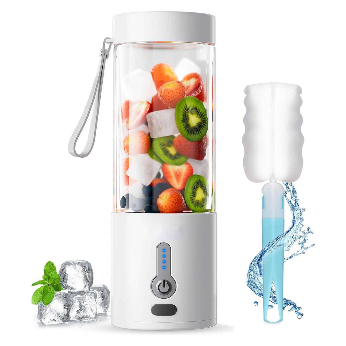 Portable blender with fruits and ice cubes on a white background
