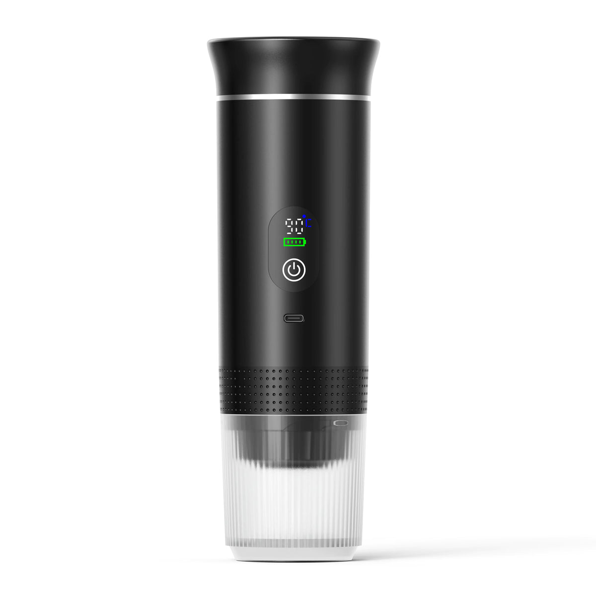 Black portable espresso machine with digital display
