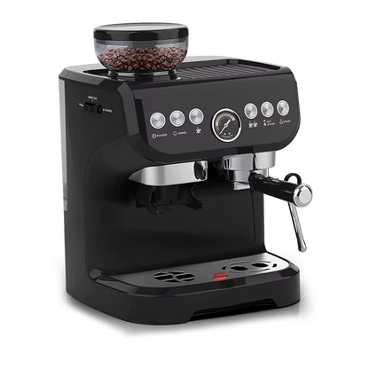 Black espresso machine with a glass container of coffee beans on a white background.