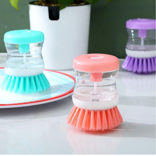 Soap dispensing dish brush with refillable handle, front view
