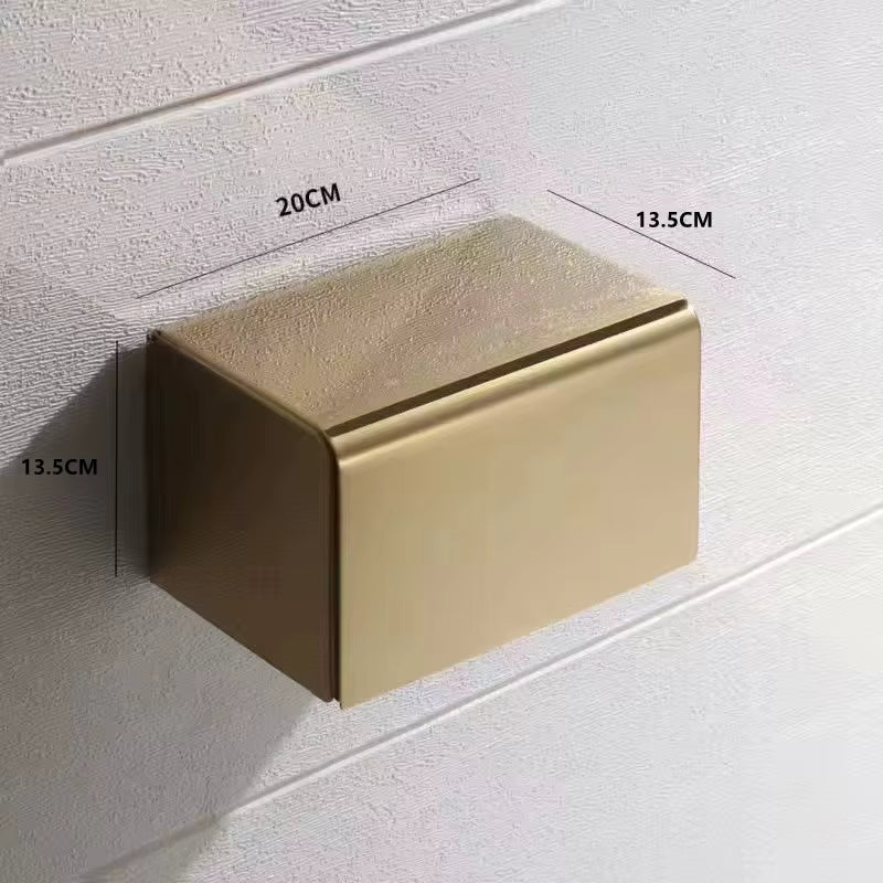 Gold wall-mounted box with dimensions labeled on a white background