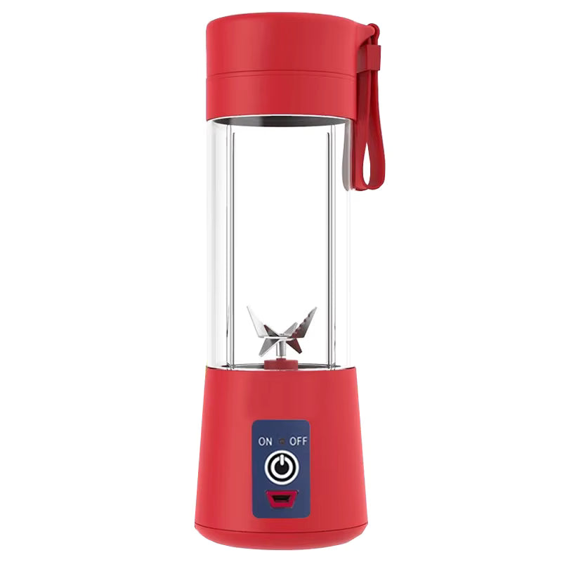 Red portable blender with clear container on a white background.