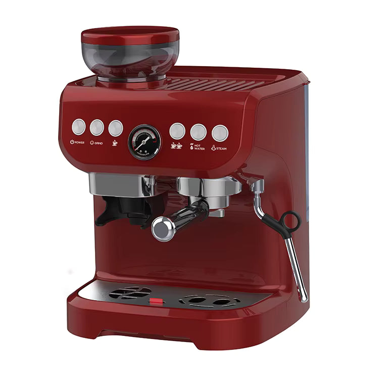 Red espresso machine with silver accents on a white background
