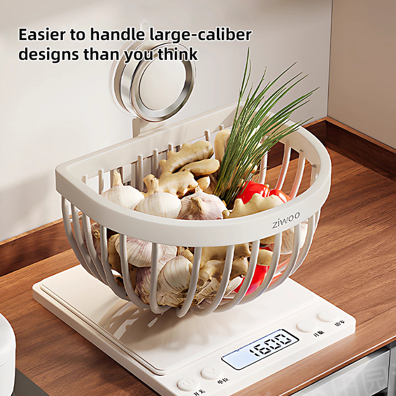 White storage basket holding garlic, onions, and ginger
