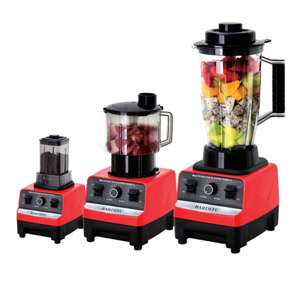 Three red blenders with different stages of blending on a white background