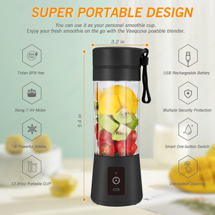 Black portable blender with fruits inside, featuring product details on a light green background.