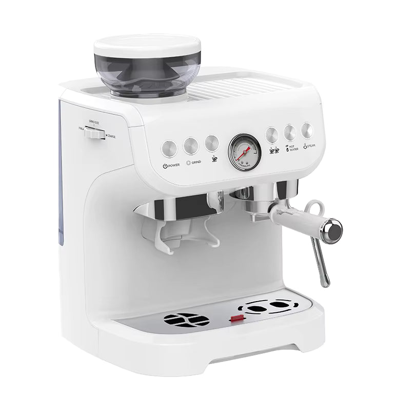White espresso machine with a clear container on a white background