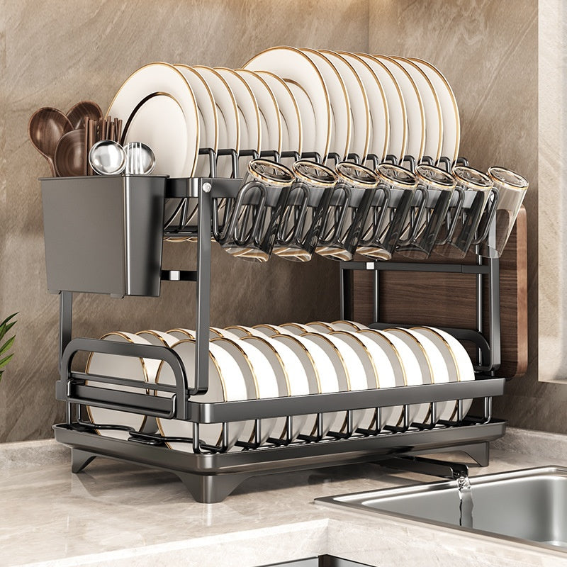 Two-level drying rack shown beside a kitchen sink
