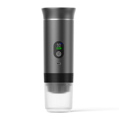 Black portable espresso machine with clear drinking cup
