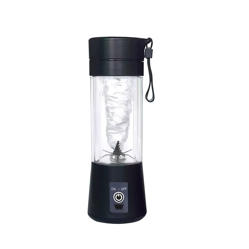 Black portable blender with a clear container on a white background