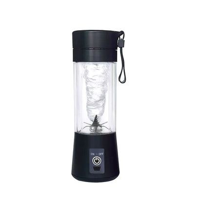 Black portable blender with a clear container on a white background