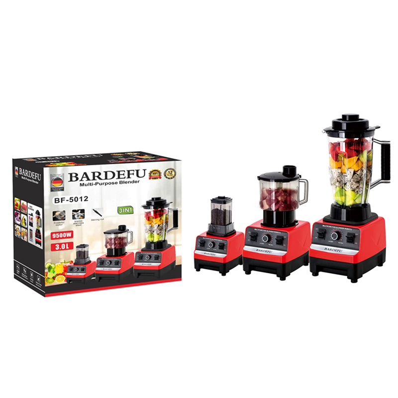 Red 3-in-1 blender on a kitchen counter with fresh juice
