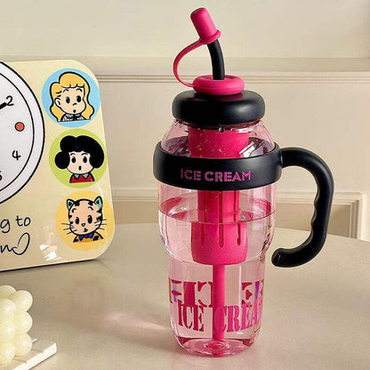 Pink ice cream-themed cup with black handle and lid 