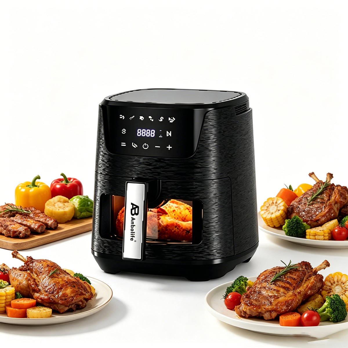 4L air fryer on a kitchen counter cooking fries behind the viewing window

