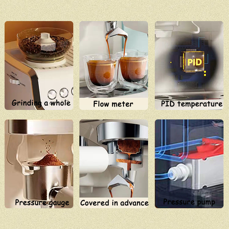 Collage of a coffee machine with labeled components on a beige background